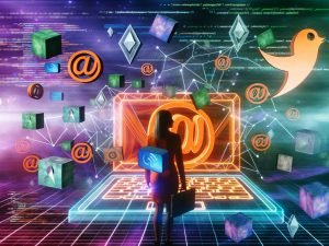 Digitales Labyrinth aus Blog-Plattform-Logos mit selbstbewusster Person am futuristischen Laptop, umgeben von Programmiercode, SEO-Diagrammen und Marketing-Icons.