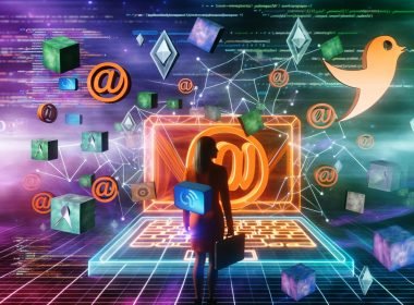 Digitales Labyrinth aus Blog-Plattform-Logos mit selbstbewusster Person am futuristischen Laptop, umgeben von Programmiercode, SEO-Diagrammen und Marketing-Icons.