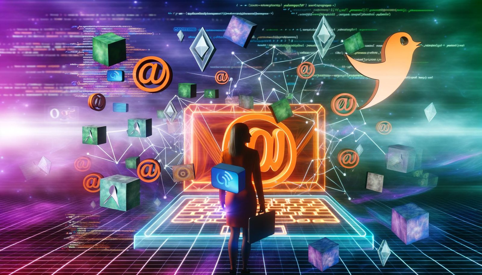 Digitales Labyrinth aus Blog-Plattform-Logos mit selbstbewusster Person am futuristischen Laptop, umgeben von Programmiercode, SEO-Diagrammen und Marketing-Icons.