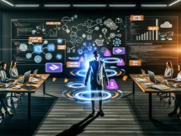 Entschlossener Marketer mit Laptop in modernem Büro, umgeben von Analytics-Dashboards, Conversion-Trichtern, technischen Diagrammen sowie Post-its und einer hochwertigen Vergleichstabelle mit Icons für Trust, Scarcity und Social Proof.