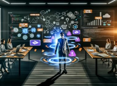 Entschlossener Marketer mit Laptop in modernem Büro, umgeben von Analytics-Dashboards, Conversion-Trichtern, technischen Diagrammen sowie Post-its und einer hochwertigen Vergleichstabelle mit Icons für Trust, Scarcity und Social Proof.