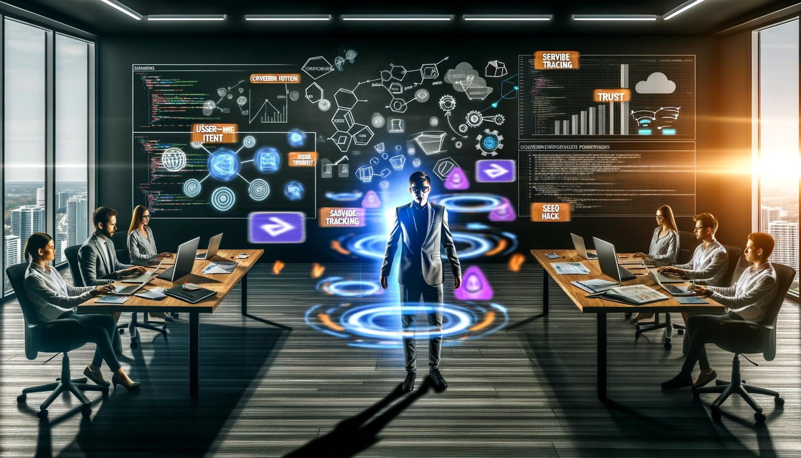 Entschlossener Marketer mit Laptop in modernem Büro, umgeben von Analytics-Dashboards, Conversion-Trichtern, technischen Diagrammen sowie Post-its und einer hochwertigen Vergleichstabelle mit Icons für Trust, Scarcity und Social Proof.