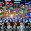 Überfülltes, leicht dystopisches Marketing-Großraumbüro mit frustrierten Teams vor Bildschirmen, leuchtenden Tracking-Symbolen, Code-Schnipseln und Consent-Bannern, umgeben von Datenströmen und Datenschutzwarnungen.