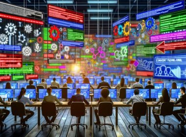 Überfülltes, leicht dystopisches Marketing-Großraumbüro mit frustrierten Teams vor Bildschirmen, leuchtenden Tracking-Symbolen, Code-Schnipseln und Consent-Bannern, umgeben von Datenströmen und Datenschutzwarnungen.