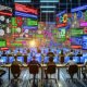 Überfülltes, leicht dystopisches Marketing-Großraumbüro mit frustrierten Teams vor Bildschirmen, leuchtenden Tracking-Symbolen, Code-Schnipseln und Consent-Bannern, umgeben von Datenströmen und Datenschutzwarnungen.