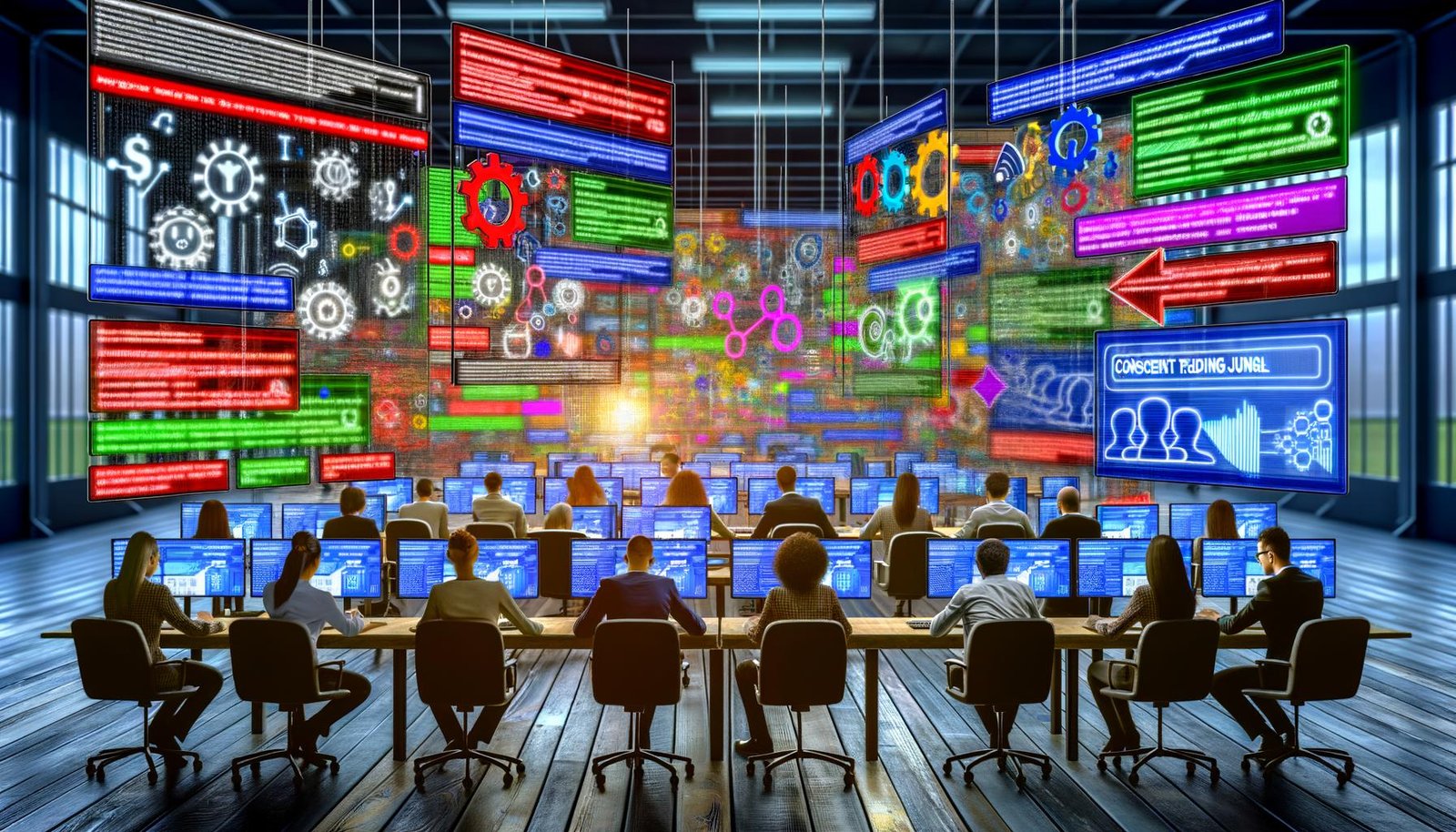 Überfülltes, leicht dystopisches Marketing-Großraumbüro mit frustrierten Teams vor Bildschirmen, leuchtenden Tracking-Symbolen, Code-Schnipseln und Consent-Bannern, umgeben von Datenströmen und Datenschutzwarnungen.