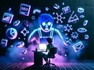 Männlicher oder weiblicher Blogger arbeitet an leuchtendem Laptop in dunklem Cyberpunk-Büro, umgeben von Social-Media-Logos, SEO-Grafiken, Automatisierungs-Icons und riesigen algorithmischen Schattenfiguren.