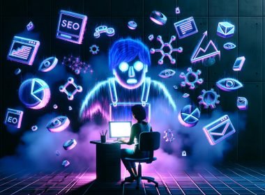 Männlicher oder weiblicher Blogger arbeitet an leuchtendem Laptop in dunklem Cyberpunk-Büro, umgeben von Social-Media-Logos, SEO-Grafiken, Automatisierungs-Icons und riesigen algorithmischen Schattenfiguren.