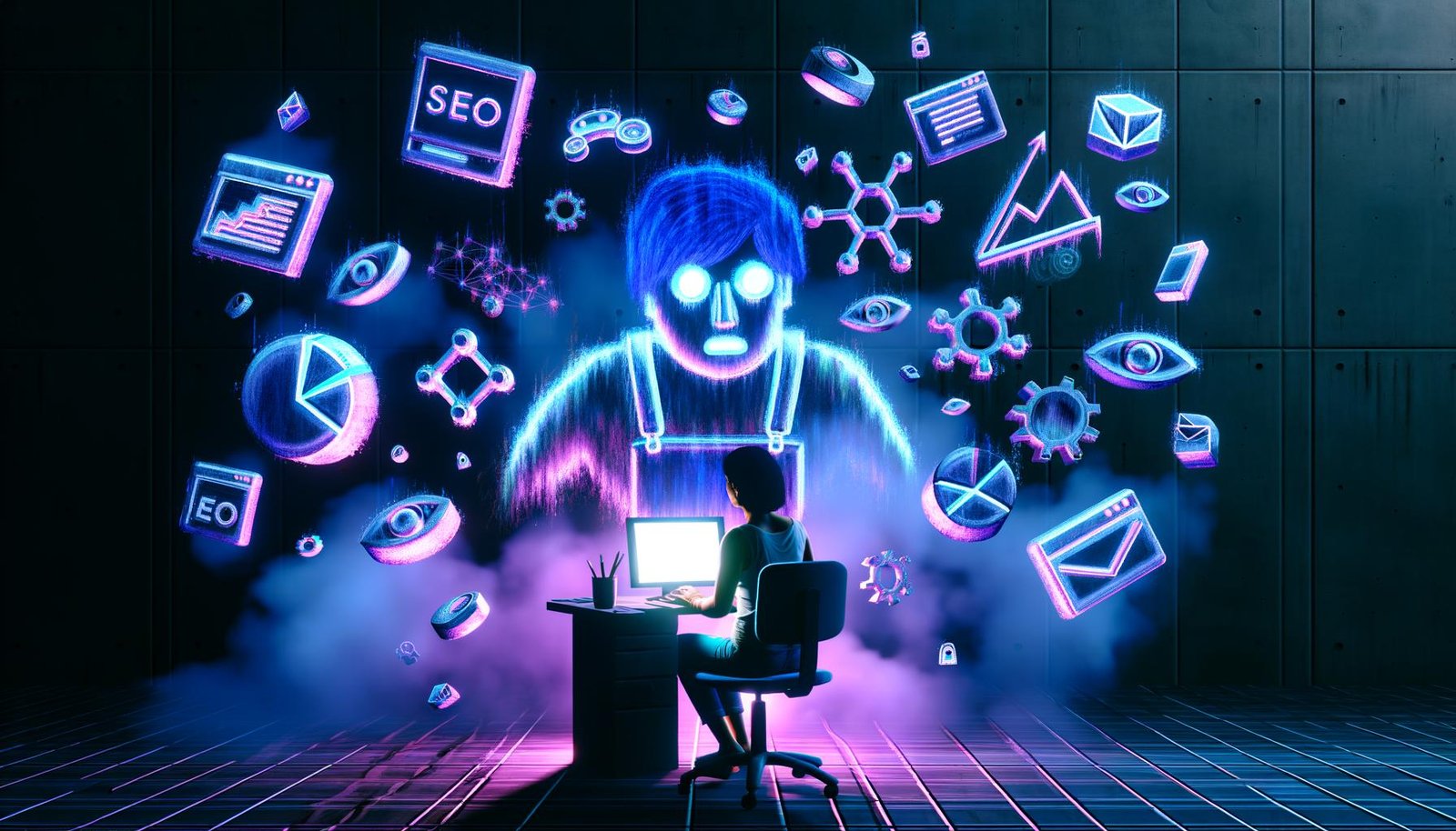 Männlicher oder weiblicher Blogger arbeitet an leuchtendem Laptop in dunklem Cyberpunk-Büro, umgeben von Social-Media-Logos, SEO-Grafiken, Automatisierungs-Icons und riesigen algorithmischen Schattenfiguren.