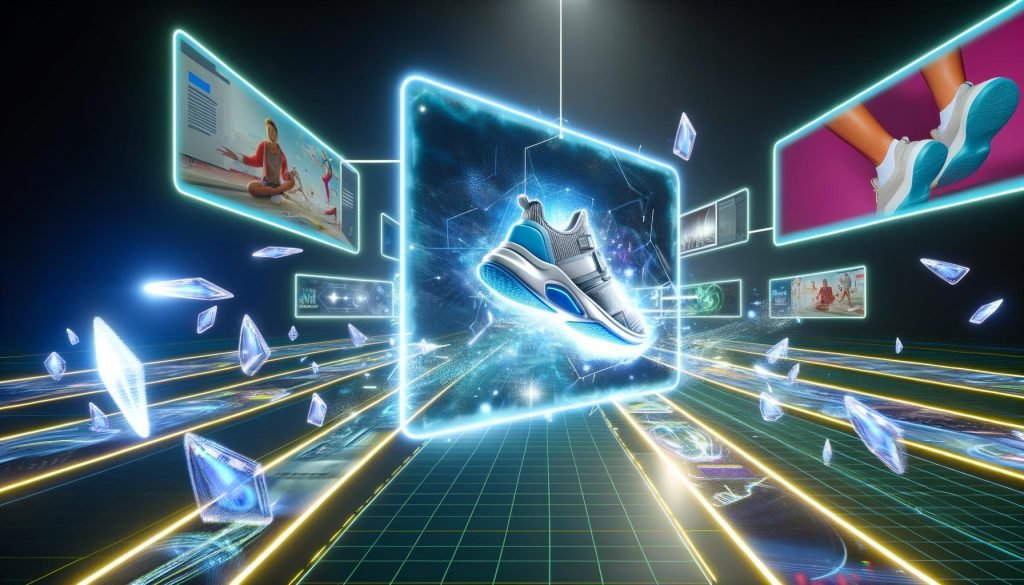Futuristische digitale Werbewelt mit 3D-Sneaker-Animation, schwebenden Werbetafeln, holografischen Elementen und Avataren in einer modernen Online-Umgebung.