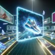Futuristische digitale Werbewelt mit 3D-Sneaker-Animation, schwebenden Werbetafeln, holografischen Elementen und Avataren in einer modernen Online-Umgebung.