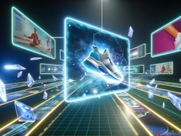 Futuristische digitale Werbewelt mit 3D-Sneaker-Animation, schwebenden Werbetafeln, holografischen Elementen und Avataren in einer modernen Online-Umgebung.