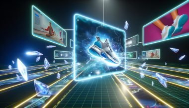 Futuristische digitale Werbewelt mit 3D-Sneaker-Animation, schwebenden Werbetafeln, holografischen Elementen und Avataren in einer modernen Online-Umgebung.