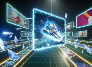 Futuristische digitale Werbewelt mit 3D-Sneaker-Animation, schwebenden Werbetafeln, holografischen Elementen und Avataren in einer modernen Online-Umgebung.