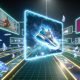 Futuristische digitale Werbewelt mit 3D-Sneaker-Animation, schwebenden Werbetafeln, holografischen Elementen und Avataren in einer modernen Online-Umgebung.