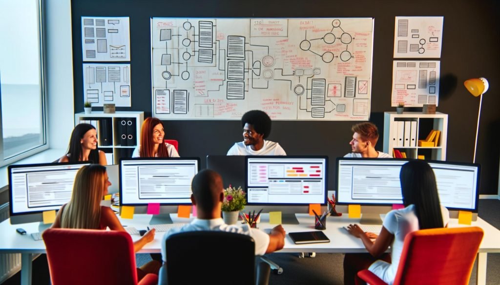 Modernes Büro mit Team aus Designern, Entwicklern und SEO-Experten, die gemeinsam an Blog-Relaunch, technischen Skizzen und SEO-Dashboards arbeiten