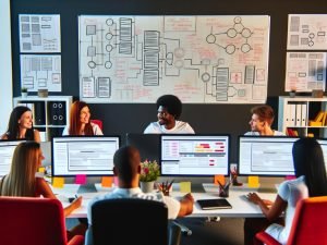Modernes Büro mit Team aus Designern, Entwicklern und SEO-Experten, die gemeinsam an Blog-Relaunch, technischen Skizzen und SEO-Dashboards arbeiten