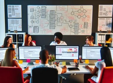 Modernes Büro mit Team aus Designern, Entwicklern und SEO-Experten, die gemeinsam an Blog-Relaunch, technischen Skizzen und SEO-Dashboards arbeiten
