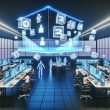 Offenes Büro mit diversen Personen, die mittels VR-Headsets und AR-Brillen interaktive 3D-Werbeflächen und Hologramme bedienen, während ein Bildschirm den Rückgang traditioneller 2D-Banner zeigt.