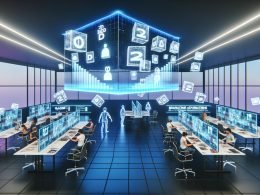 Offenes Büro mit diversen Personen, die mittels VR-Headsets und AR-Brillen interaktive 3D-Werbeflächen und Hologramme bedienen, während ein Bildschirm den Rückgang traditioneller 2D-Banner zeigt.