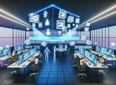 Offenes Büro mit diversen Personen, die mittels VR-Headsets und AR-Brillen interaktive 3D-Werbeflächen und Hologramme bedienen, während ein Bildschirm den Rückgang traditioneller 2D-Banner zeigt.