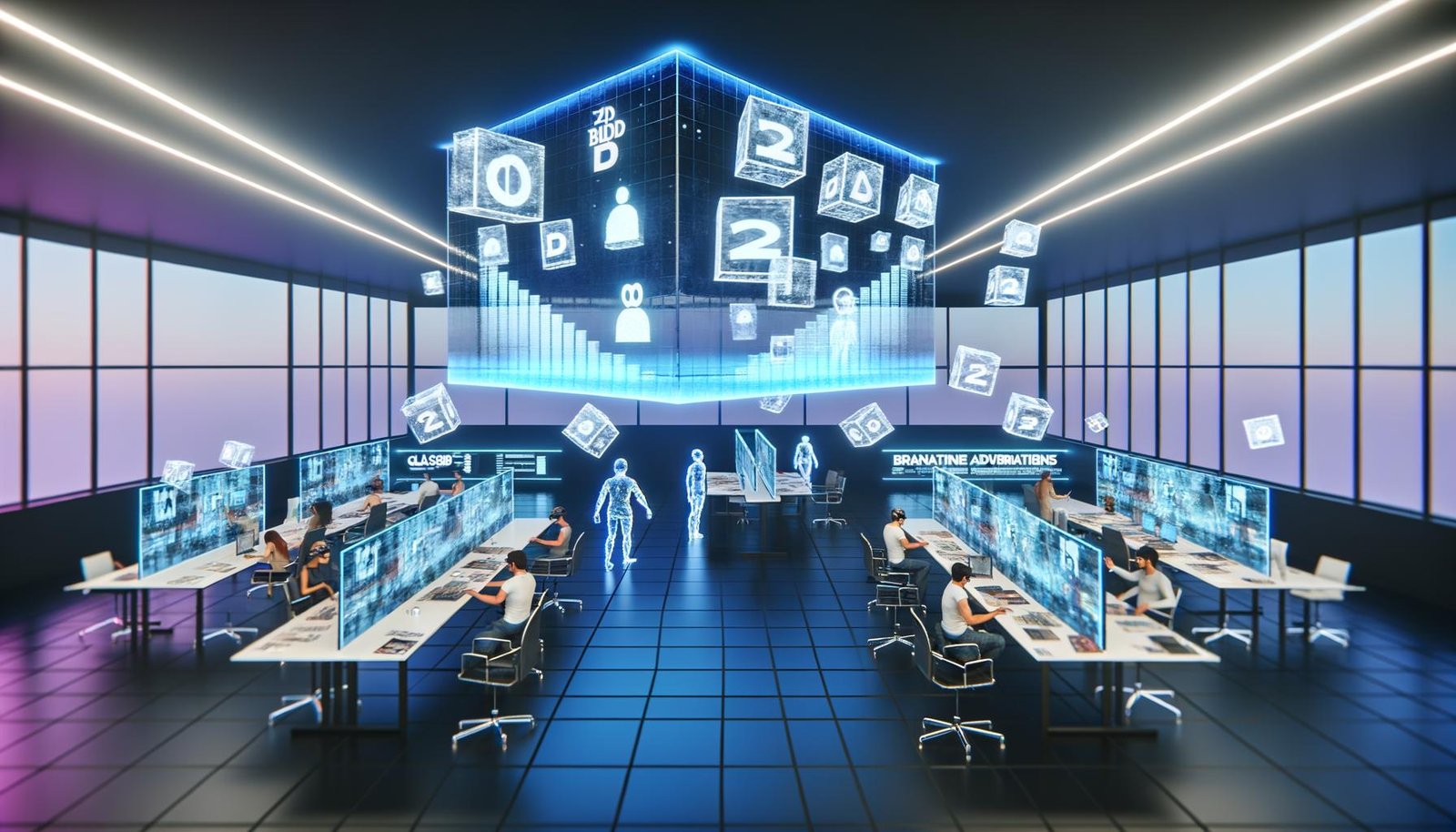 Offenes Büro mit diversen Personen, die mittels VR-Headsets und AR-Brillen interaktive 3D-Werbeflächen und Hologramme bedienen, während ein Bildschirm den Rückgang traditioneller 2D-Banner zeigt.