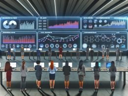 Futuristisches Marketing-Kontrollzentrum mit mehreren Dashboards, Marketing-Fachleuten vor leuchtenden Datenanzeigen und klar sichtbaren Datenströmen im Hintergrund.