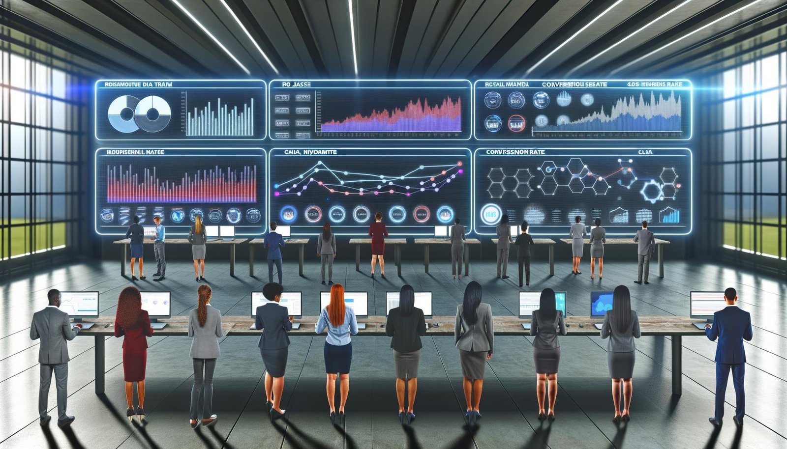 Futuristisches Marketing-Kontrollzentrum mit mehreren Dashboards, Marketing-Fachleuten vor leuchtenden Datenanzeigen und klar sichtbaren Datenströmen im Hintergrund.