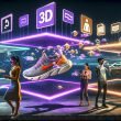 Digitale Landschaft mit interaktiver 3D-Werbung, Menschen mit AR-Geräten und leuchtenden Markenobjekten in virtueller und realer Umgebung.