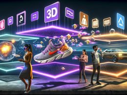 Digitale Landschaft mit interaktiver 3D-Werbung, Menschen mit AR-Geräten und leuchtenden Markenobjekten in virtueller und realer Umgebung.