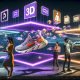 Digitale Landschaft mit interaktiver 3D-Werbung, Menschen mit AR-Geräten und leuchtenden Markenobjekten in virtueller und realer Umgebung.