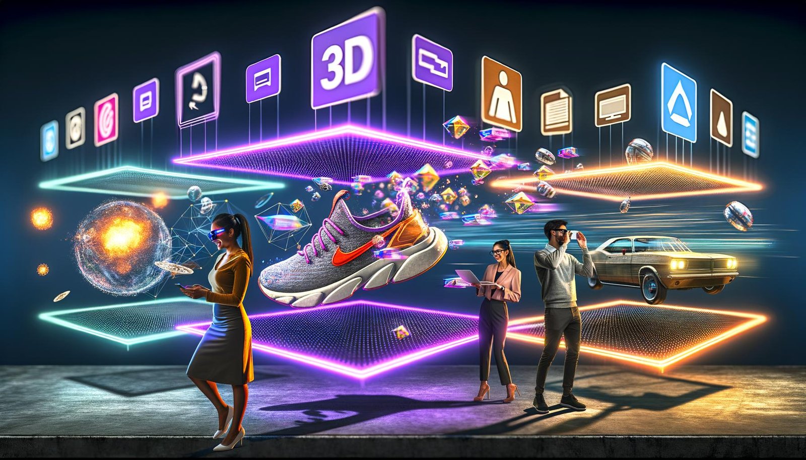 Digitale Landschaft mit interaktiver 3D-Werbung, Menschen mit AR-Geräten und leuchtenden Markenobjekten in virtueller und realer Umgebung.