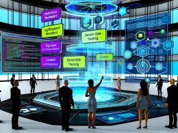 Futuristisches Büro mit Performance-Marketing-Team vor einem Hightech-Screen, der farbige Datenflüsse, Tag Management, Data Layer, Consent und Server-Side Tracking zeigt.