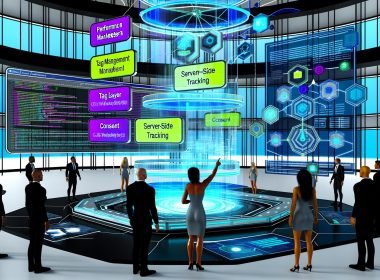 Futuristisches Büro mit Performance-Marketing-Team vor einem Hightech-Screen, der farbige Datenflüsse, Tag Management, Data Layer, Consent und Server-Side Tracking zeigt.