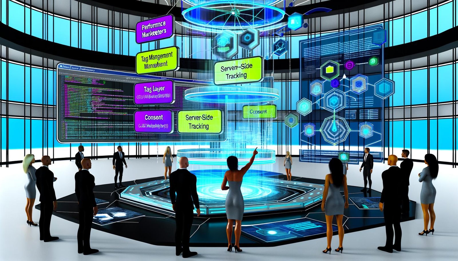Futuristisches Büro mit Performance-Marketing-Team vor einem Hightech-Screen, der farbige Datenflüsse, Tag Management, Data Layer, Consent und Server-Side Tracking zeigt.