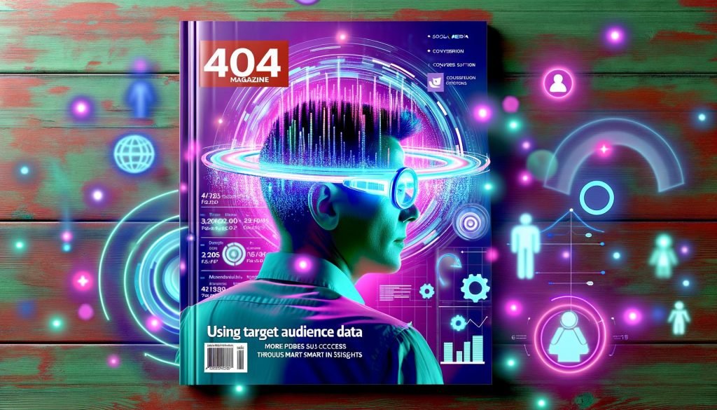 Futuristische Szene mit digitaler Datenbrille, bunten Datenmatrizen, Social-Media-Symbolen und Conversion-Elementen – Titelbild im Magazin-Stil in Cyan, Magenta und Neonfarben