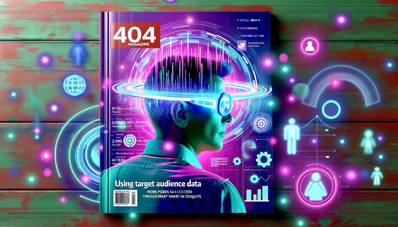 Futuristische Szene mit digitaler Datenbrille, bunten Datenmatrizen, Social-Media-Symbolen und Conversion-Elementen – Titelbild im Magazin-Stil in Cyan, Magenta und Neonfarben