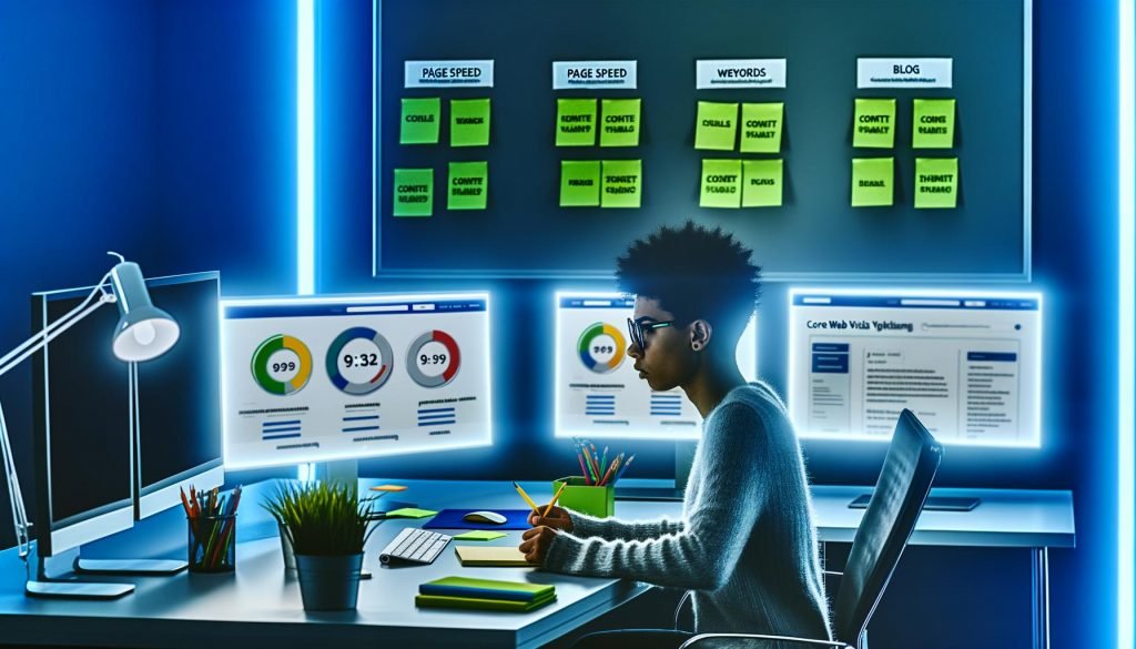Fokussierte Person an modernem Schreibtisch mit Monitoren, die SEO-Tools, Ladezeitanalysen und Checklisten zeigen. Im Hintergrund Whiteboard mit SEO-Begriffen und Content-Strategie auf Haftnotizen.