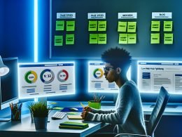 Fokussierte Person an modernem Schreibtisch mit Monitoren, die SEO-Tools, Ladezeitanalysen und Checklisten zeigen. Im Hintergrund Whiteboard mit SEO-Begriffen und Content-Strategie auf Haftnotizen.