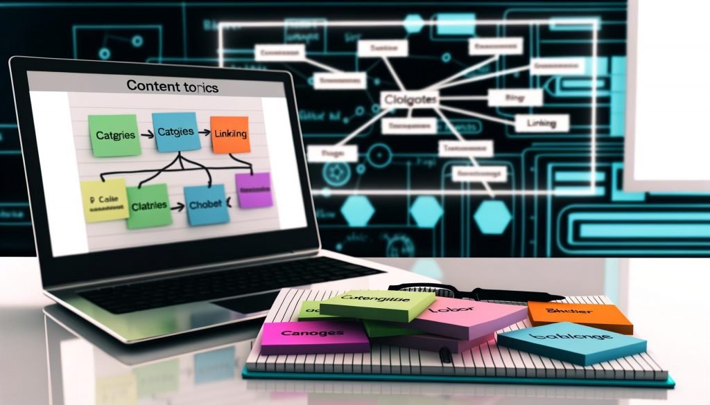 Dynamischer Arbeitsplatz eines Bloggers mit Laptop, Content-Plan, farbigen Post-its zu Themenclustern, leuchtend markiertem Notizblock mit Begriffen und großem digitalen Whiteboard mit strukturierter Mindmap zu Blog-Kategorien und interner Verlinkung.