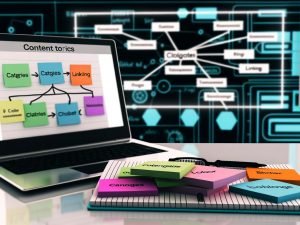 Dynamischer Arbeitsplatz eines Bloggers mit Laptop, Content-Plan, farbigen Post-its zu Themenclustern, leuchtend markiertem Notizblock mit Begriffen und großem digitalen Whiteboard mit strukturierter Mindmap zu Blog-Kategorien und interner Verlinkung.