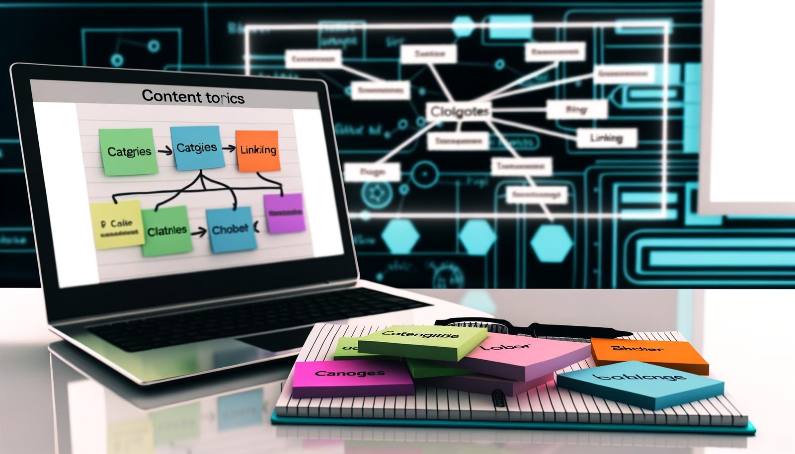 Dynamischer Arbeitsplatz eines Bloggers mit Laptop, Content-Plan, farbigen Post-its zu Themenclustern, leuchtend markiertem Notizblock mit Begriffen und großem digitalen Whiteboard mit strukturierter Mindmap zu Blog-Kategorien und interner Verlinkung.