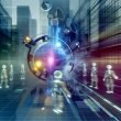 Futuristische Stadt mit schwebendem 3D-Werbeobjekt, stilisierten Avataren und verblassten 2D-Bannern, dargestellt in leuchtenden Neonfarben.
