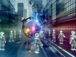 Futuristische Stadt mit schwebendem 3D-Werbeobjekt, stilisierten Avataren und verblassten 2D-Bannern, dargestellt in leuchtenden Neonfarben.