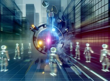 Futuristische Stadt mit schwebendem 3D-Werbeobjekt, stilisierten Avataren und verblassten 2D-Bannern, dargestellt in leuchtenden Neonfarben.