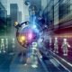 Futuristische Stadt mit schwebendem 3D-Werbeobjekt, stilisierten Avataren und verblassten 2D-Bannern, dargestellt in leuchtenden Neonfarben.