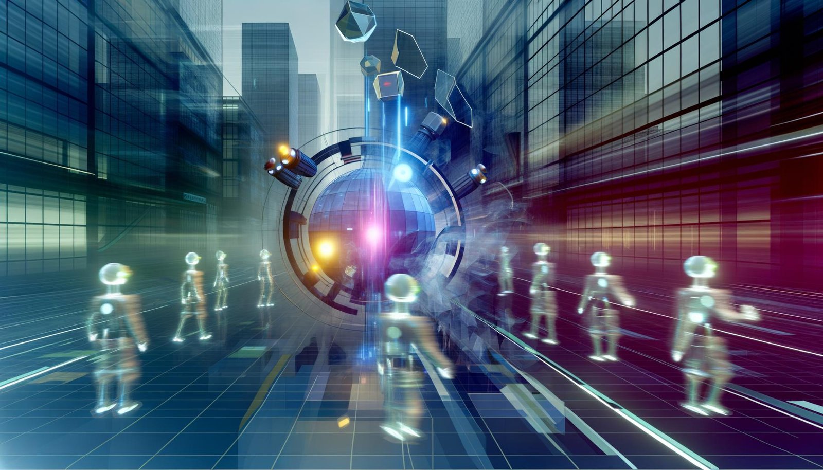 Futuristische Stadt mit schwebendem 3D-Werbeobjekt, stilisierten Avataren und verblassten 2D-Bannern, dargestellt in leuchtenden Neonfarben.