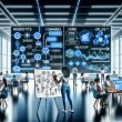Marketing-Team im modernen Büro mit Live-Dashboards, das Tracking-Fahrplan markiert. Datenströme verbinden verschiedene Kanäle mit zentralem Data Warehouse.