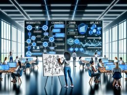 Marketing-Team im modernen Büro mit Live-Dashboards, das Tracking-Fahrplan markiert. Datenströme verbinden verschiedene Kanäle mit zentralem Data Warehouse.