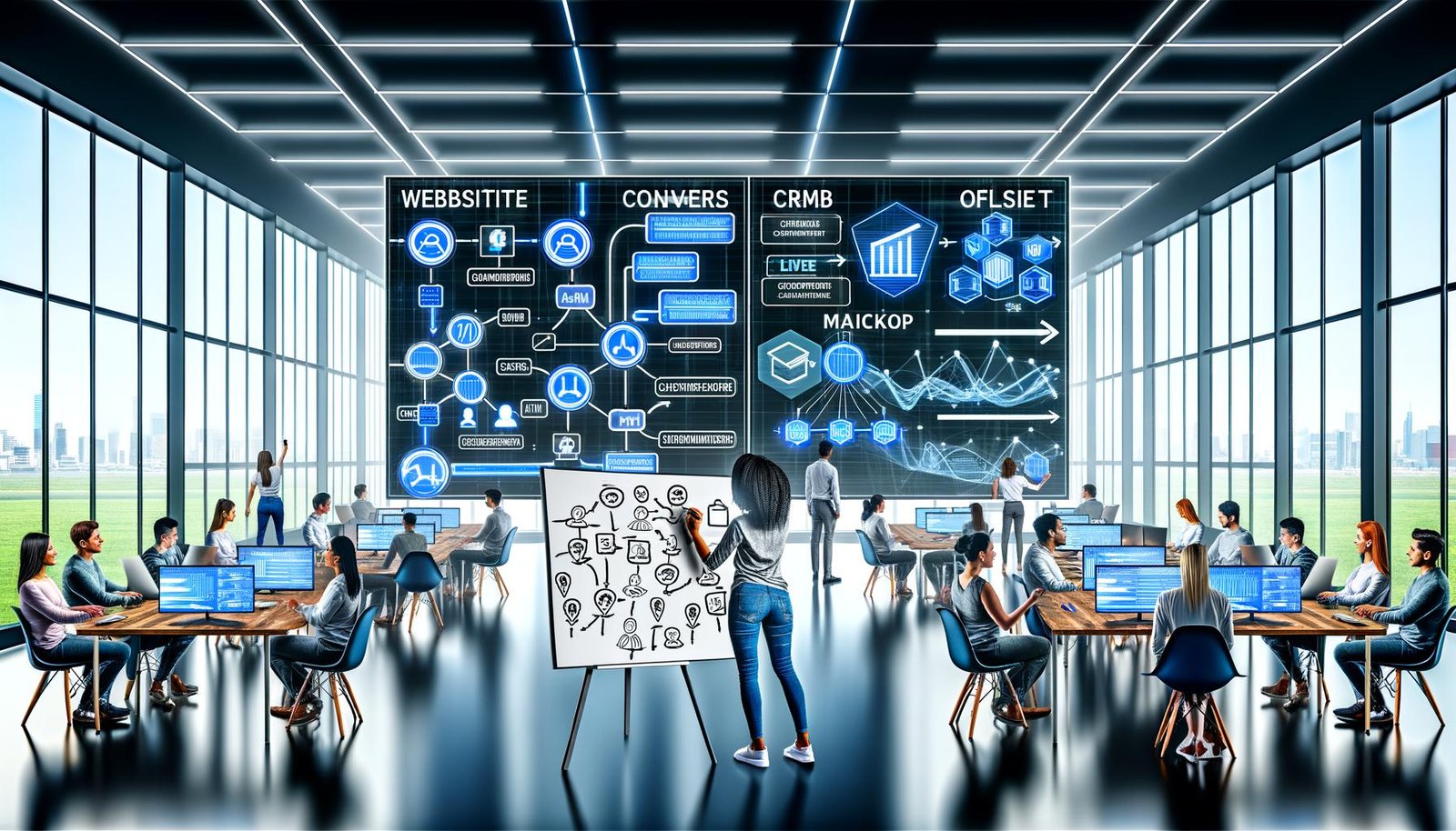 Marketing-Team im modernen Büro mit Live-Dashboards, das Tracking-Fahrplan markiert. Datenströme verbinden verschiedene Kanäle mit zentralem Data Warehouse.